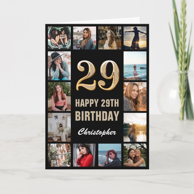 29th Happy Birthday Black and Gold Photo Collage Card (Front)