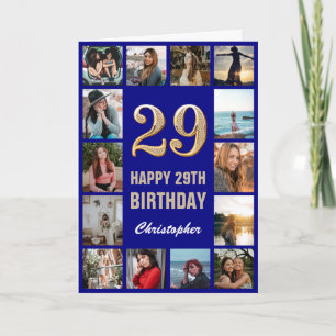29th Happy Birthday Navy Blue & Gold Photo Collage Card