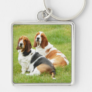 2 Basset Hounds on Large Premium Square Keychain