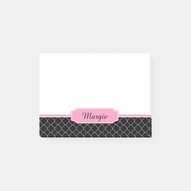 #2 Black and Pink Quatrefoil Pattern Monogram Post-it Notes (Front)