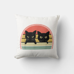 2 Black Cats Peeking Vintage Retro Cat Animal Love Throw Pillow