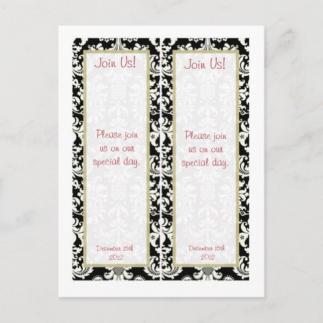 2 Black/White Damask Wedding Save Date Bookmarks Announcement Postcard (Front)