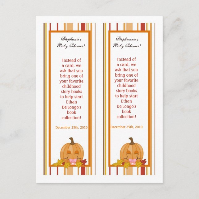 2 Book Marks Autumn Fall Pumpkin Baby Invitation Postcard (Front)