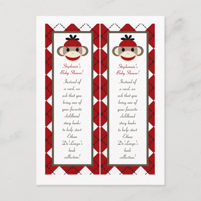 2 Book Marks Red Sock Monkey Argyle Invitation Postcard (Front)