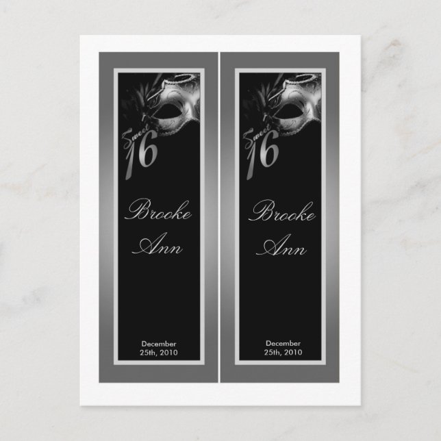 2 Book Marks Sweet 16 Silver Black Party Invitation Postcard (Front)