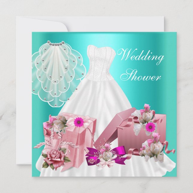 2 Bridal Wedding Shower Fuchsia Turquoise Pink Invitation (Front)