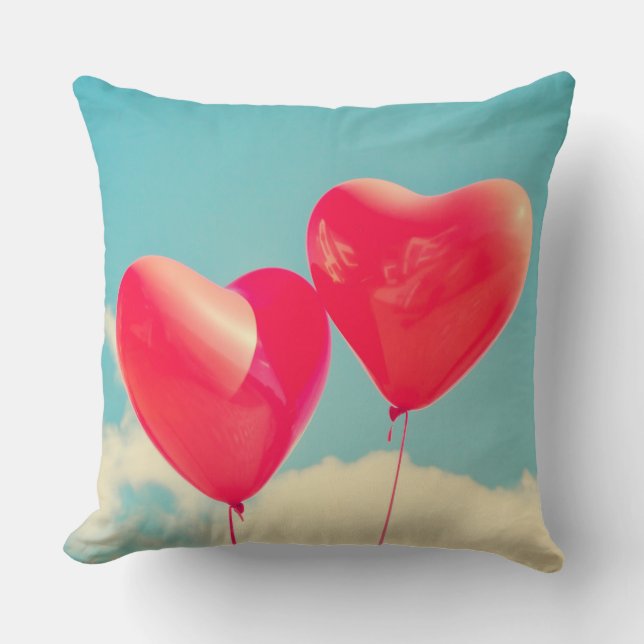 2 Bright Red Heart Shaped balloons Floating Upward Throw Pillow (Front)