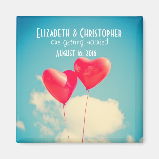 2 Bright Red Heart Shaped balloons Save The Date Magnet (Front)