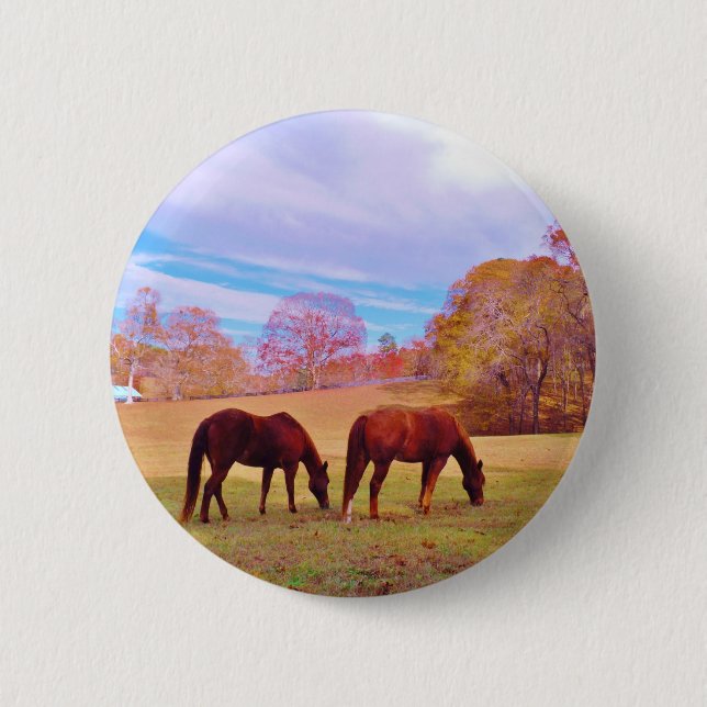 2 Brown horses in a coloured field 2 Inch Round Button (Front)