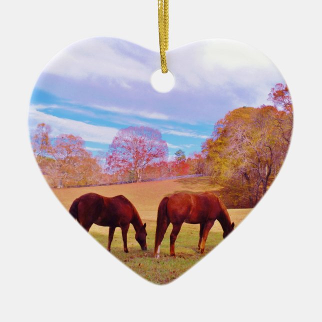 2 Brown horses in a coloured field Ceramic Ornament (Front)