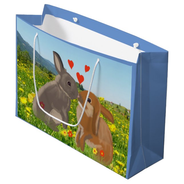 2 Bunnies Kissing in a Flower Meadow Large Easter Gift Bag (Front Angled)