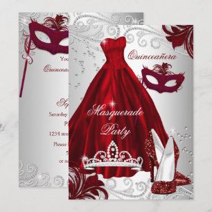 2 Burgundy Silver Dress masquerade Quinceanera Invitation