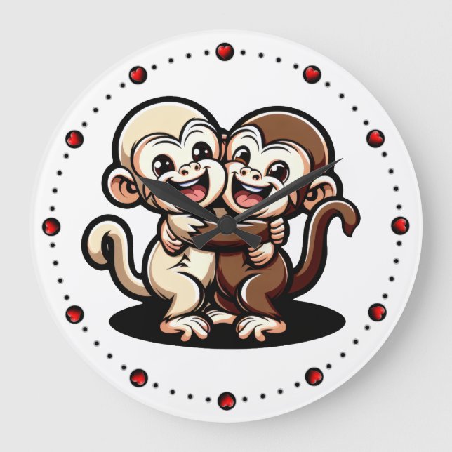 2 Capuchin monkeys embrace Cartoon Large Clock (Front)
