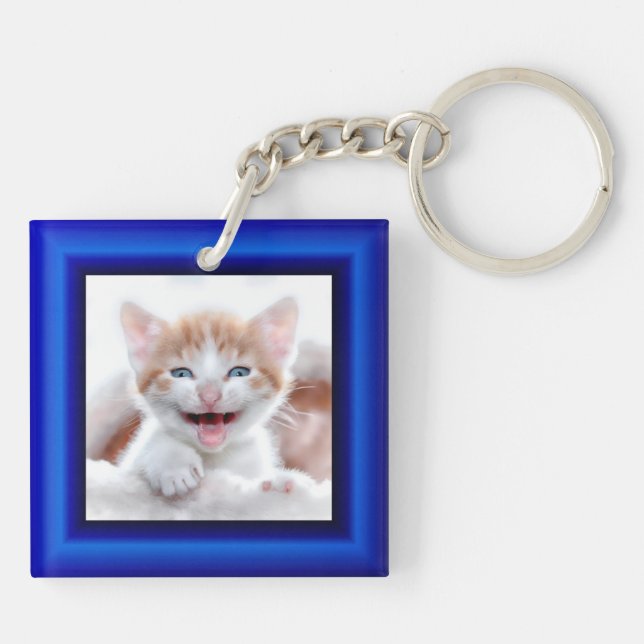 2 Cat Photo Blue Border Keychain (Back)