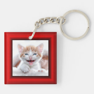 2 Cat Photo Red Border Keychain