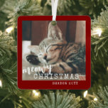2 Cat Photos Meowy Christmas Rustic Red Metal Orna Metal Ornament<br><div class="desc">Personalized Cat Photo Ornament with two photos of your cats or kittens with "Meowy Christmas" and each name on a modern rustic burgundy red ceramic ornament with a unique elegant script and typewriter font combination.</div>