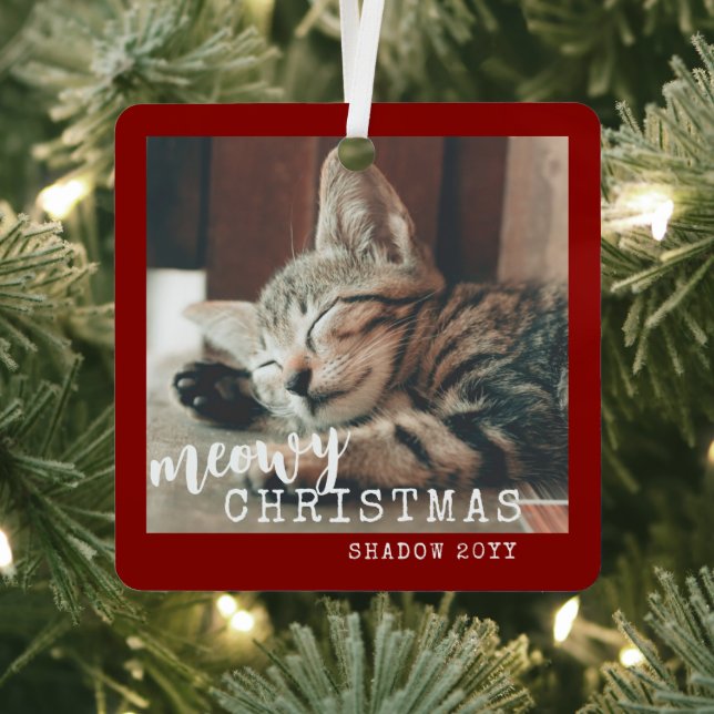 2 Cat Photos Meowy Christmas Rustic Red Metal Orna Metal Ornament (Insitu)