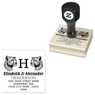 2 Cheetah Head SQ Couple Name Init Return Address Rubber Stamp
