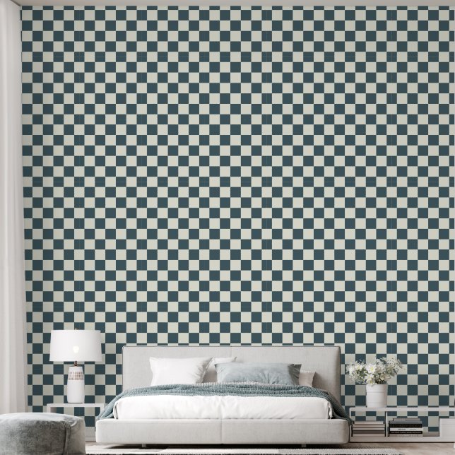 2" Chequerboard Dark Teal Blue & Ivory White Wallpaper (Bedroom)