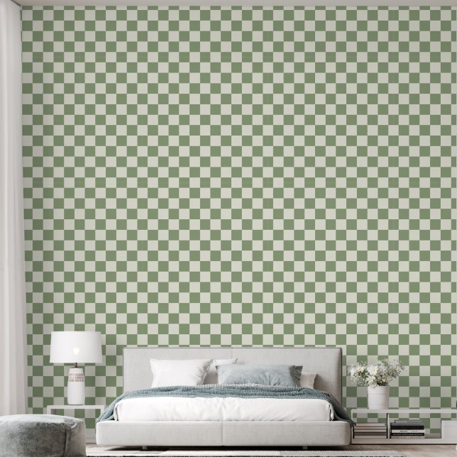 2" Chequerboard Sage Green & Ivory White Wallpaper (Bedroom)