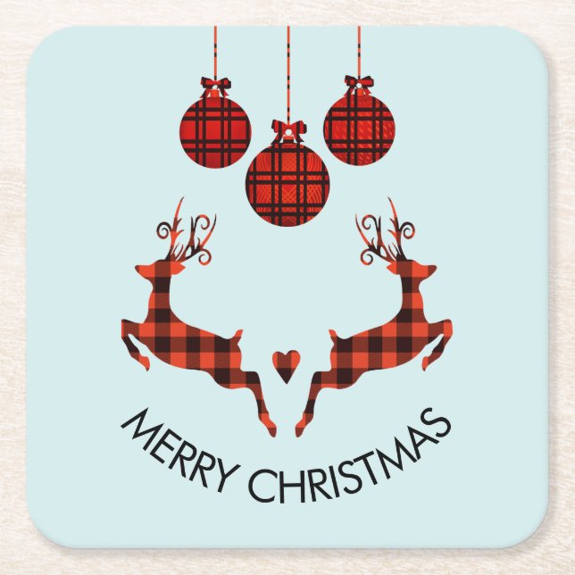 2 Christmas Deer Jumping Rustic Style Square Paper Coaster (Front)