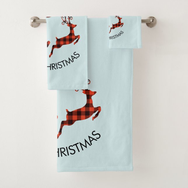2 Christmas Reindeer Jumping Rustic Hunter Bath Towel Set (Insitu)