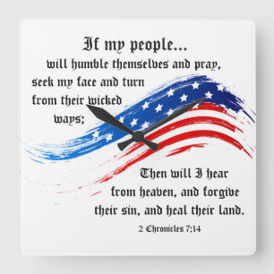 2 Chronicles 7:14 Scripture, American Flag Square Wall Clock