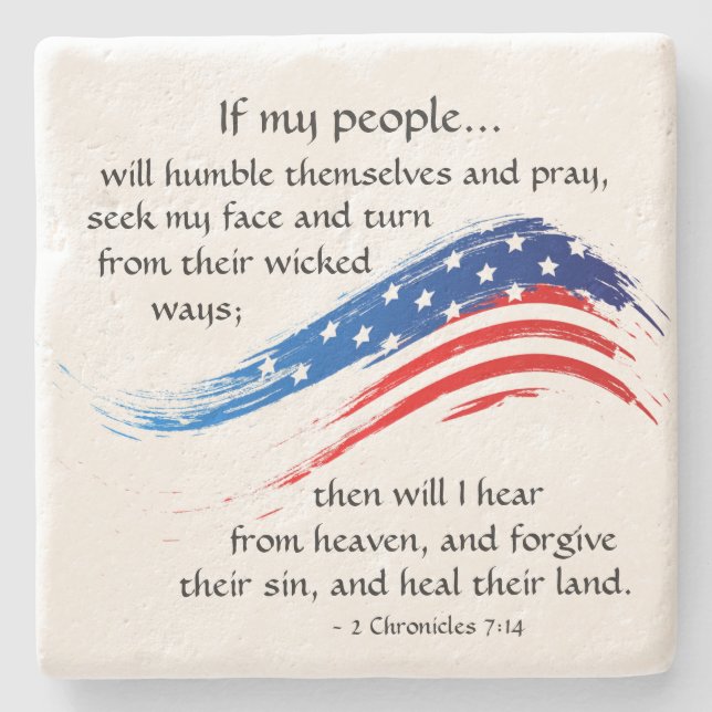 2 Chronicles 7:14 Scripture, American Flag Stone Coaster (Front)