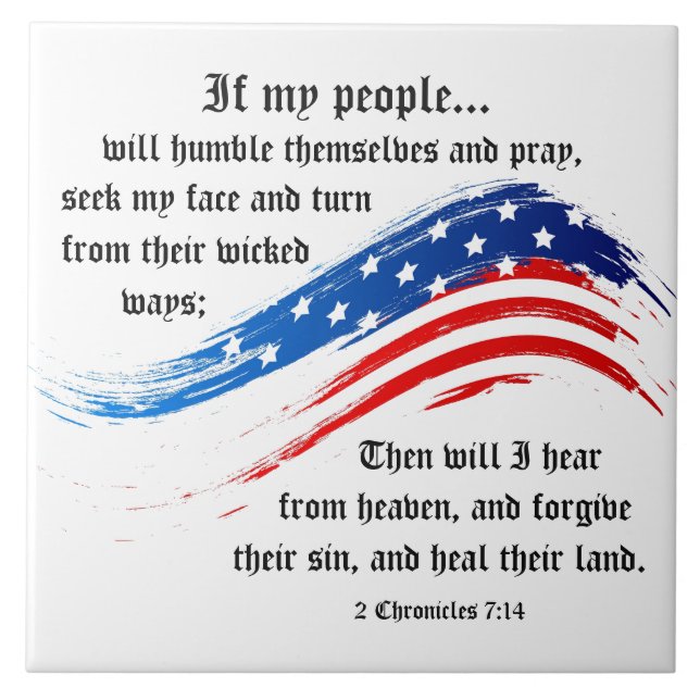 2 Chronicles 7:14 Scripture, American Flag Tile (Front)