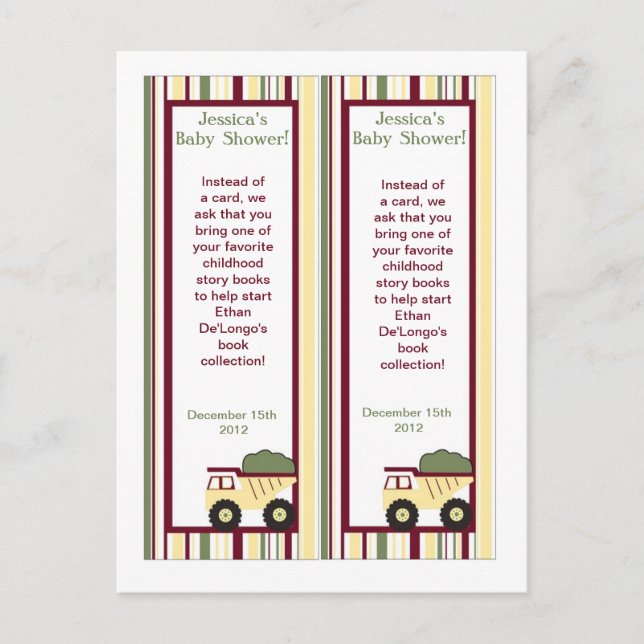 2 Construction Zone Baby Shower Bookmarks Invitation Postcard (Front)