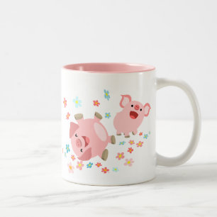 2 Couleurs Deux mignons cochons de caricature dans la tasse d