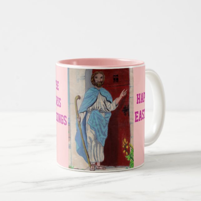 2 Couleurs JESUS KNOCKS Tasse de PÂQUES (Devant droit)