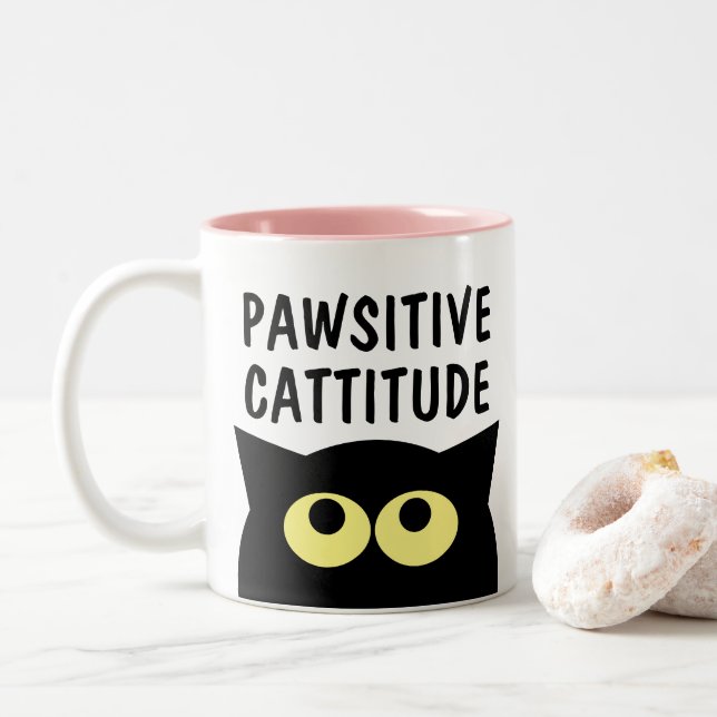 2 Couleurs Pawsitive Cattitude drôle chat dessin animé tasse  (Avec donut)