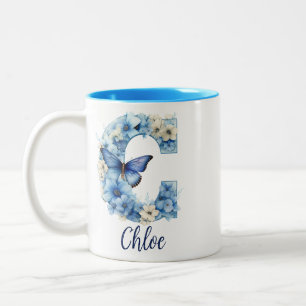 2 Couleurs Tasse à café bleu floral monogrammé 11 oz