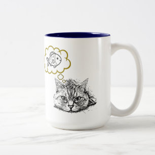 2 Couleurs Tasse à café dessinée à la main avec un chat rêvan
