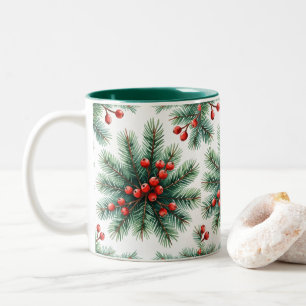 2 Couleurs Tasse Branche de pin de Noël et baies rouges Fes