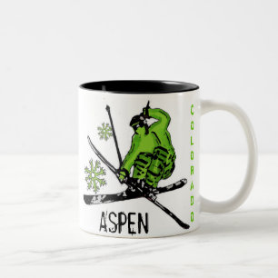 2 Couleurs Tasse de café verte de skieur de thème d'Aspen l