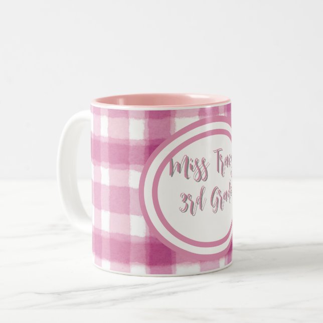 2 Couleurs Tasse personnalisée à carreaux rose pastel  (Devant gauche)