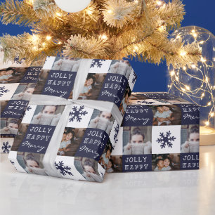 2 Custom Photos Snowflake Merry Jolly Christmas Wrapping Paper