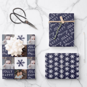 2 Custom Photos Snowflake Merry Jolly Christmas Wrapping Paper Sheet