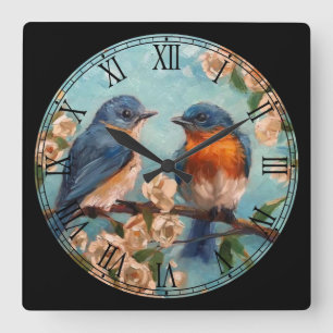 2 Cute Birds on a Branch Fine Art Roman Numeral Square Wall Clock