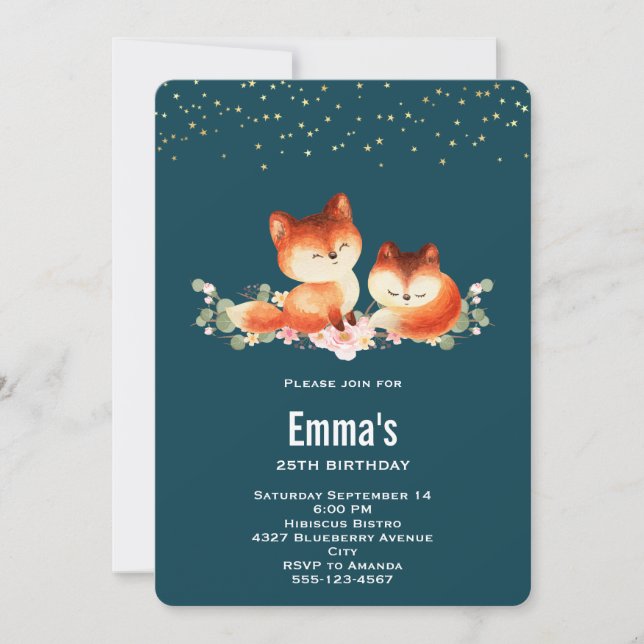 2 Cute & Cozy Little Red Foxes Birthday Invitation (Front)
