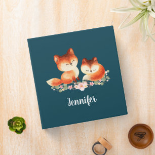 2 Cute Little Red Foxes Watercolor Design Binder