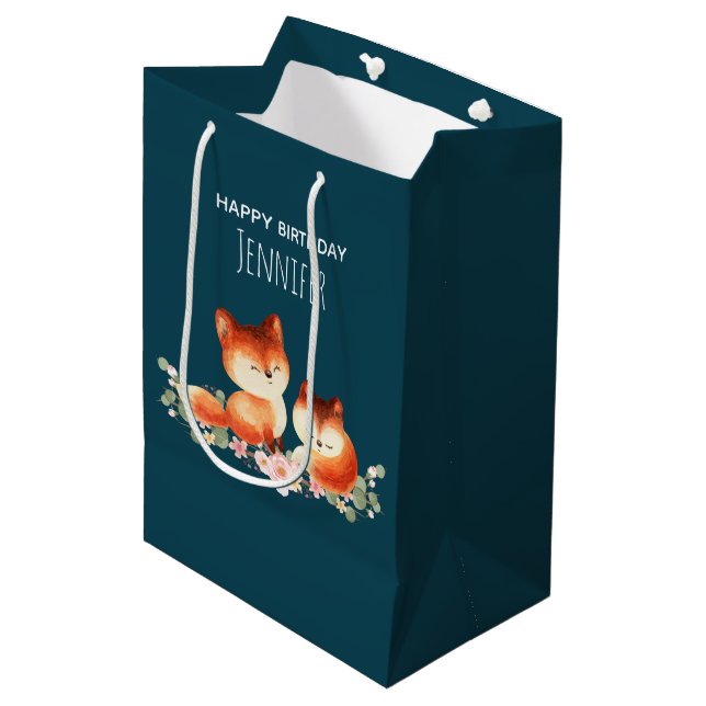 2 Cute Little Red Foxes Watercolor Design Birthday Medium Gift Bag (Front Angled)