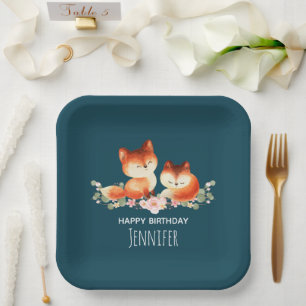 2 Cute Little Red Foxes Watercolor Design Birthday Paper Plate