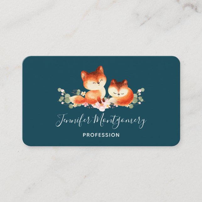2 Cute Little Red Foxes Watercolor Design Business Card (Front)