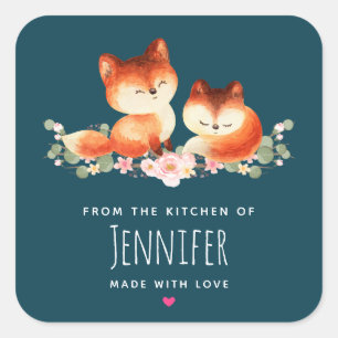 2 Cute Little Red Foxes Watercolor Design Kitchen Square Sticker
