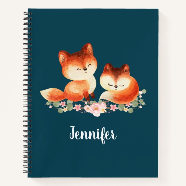 2 Cute Little Red Foxes Watercolor Design Notebook (Front)