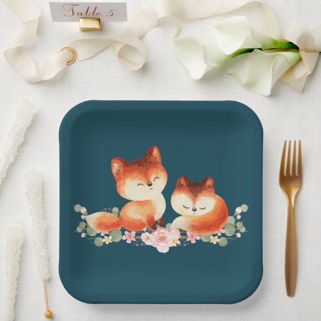 2 Cute Little Red Foxes Watercolor Design Paper Plate (Wedding)