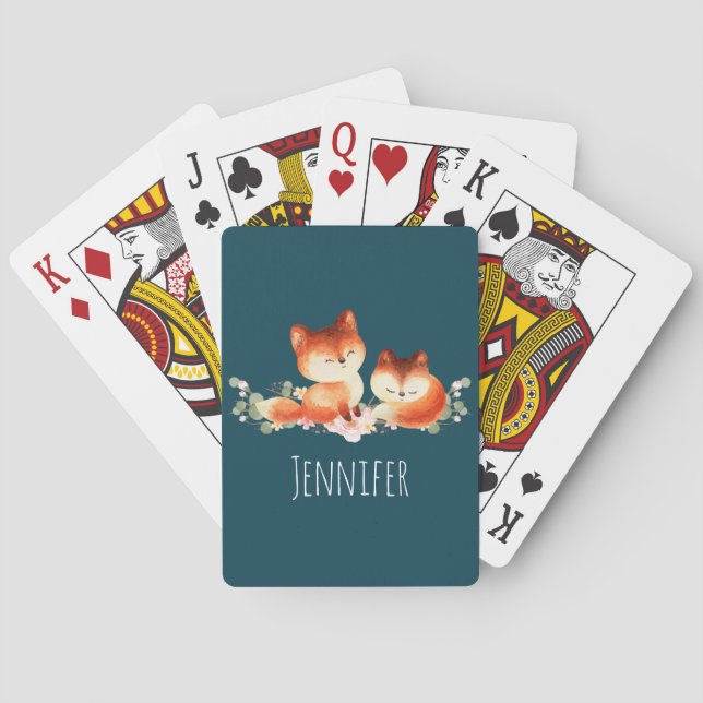 2 Cute Little Red Foxes Watercolor Design Playing Cards (Back)